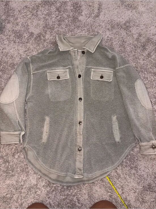 Free People Jackets & Blazers - Free People Distressed Light Gray/Olive Green Sherpa Button-Down Shacket